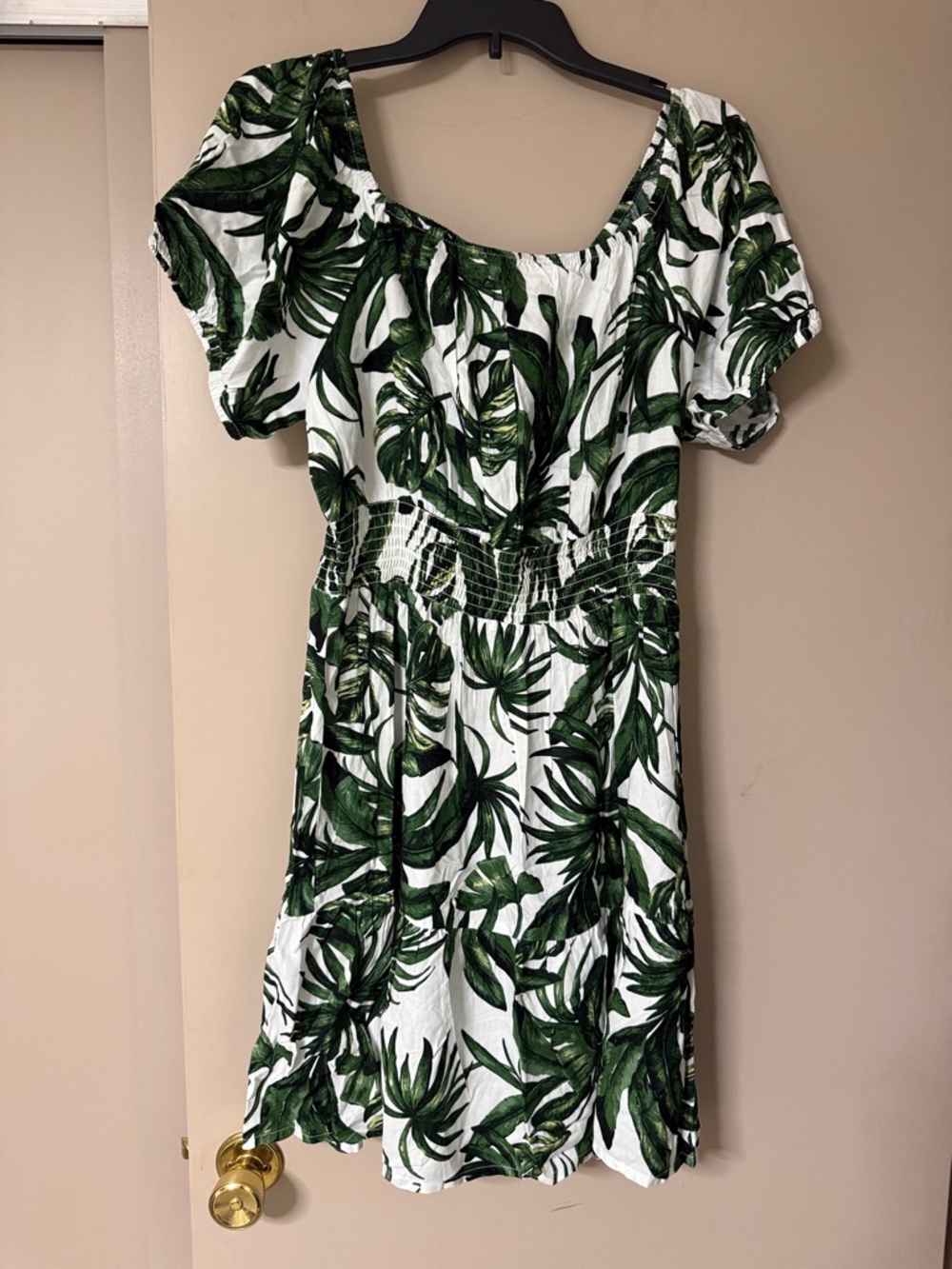 Studio West White Mini Dress with Green Tropical Leaf Print